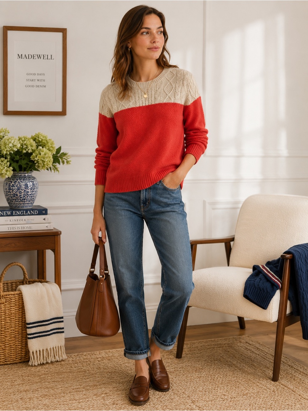 Madewell Coral Orange & Beige Colorblock Crew Neck Cotton Blend Sweater Small